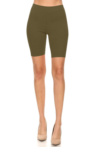 Solid High Waist Biker Shorts - Elastic Waist, Comfortable Fit