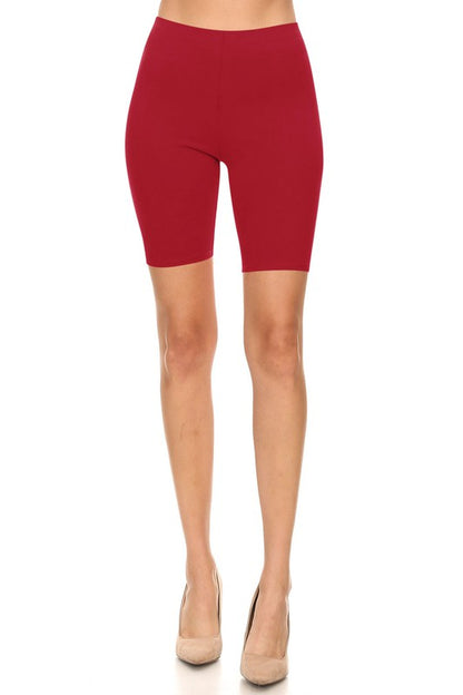 Solid High Waist Biker Shorts - Elastic Waist, Comfortable Fit