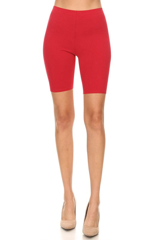 Solid High Waist Biker Shorts - Elastic Waist, Comfortable Fit