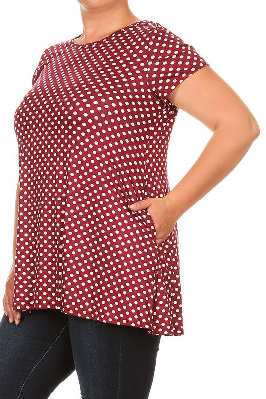 Polka Dot Print Top - Plus Size, Relaxed Fit with Crew Neck and Pockets