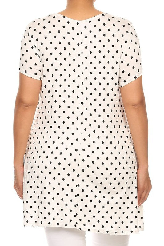 Polka Dot Print Top - Plus Size, Relaxed Fit with Crew Neck and Pockets