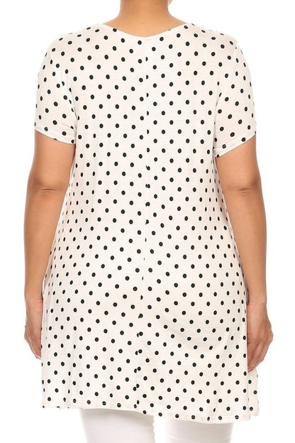 Polka Dot Print Top - Plus Size, Relaxed Fit with Crew Neck and Pockets