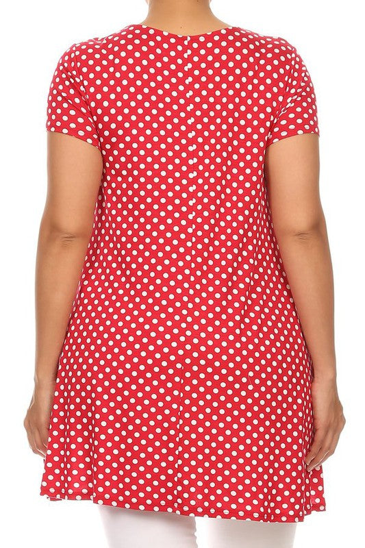 Polka Dot Print Top - Plus Size, Relaxed Fit with Crew Neck and Pockets