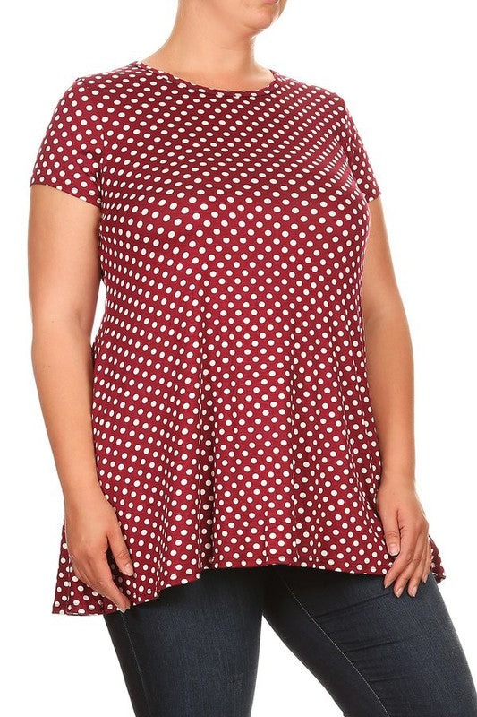 Polka Dot Print Top - Plus Size, Relaxed Fit with Crew Neck and Pockets