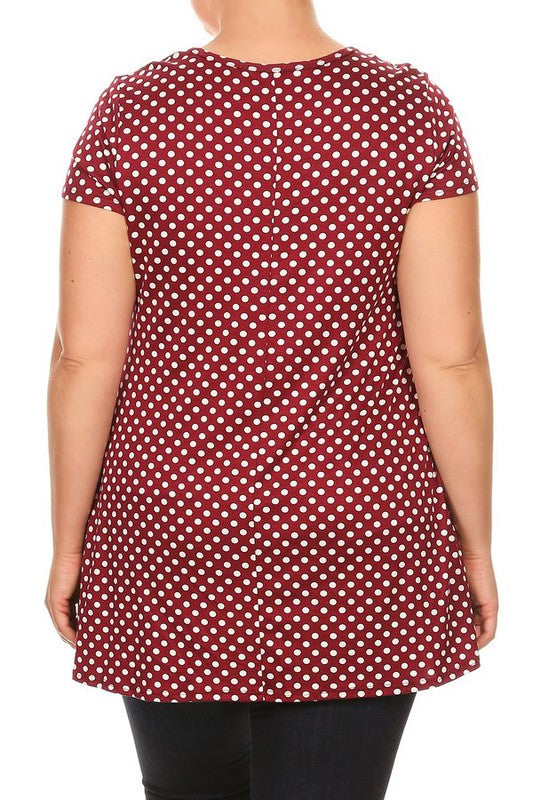 Polka Dot Print Top - Plus Size, Relaxed Fit with Crew Neck and Pockets