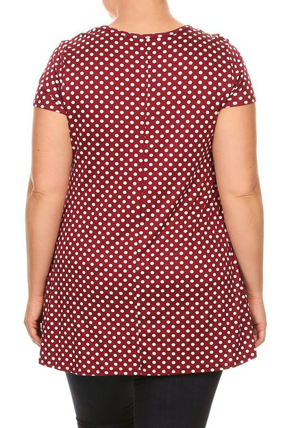 Polka Dot Print Top - Plus Size, Relaxed Fit with Crew Neck and Pockets