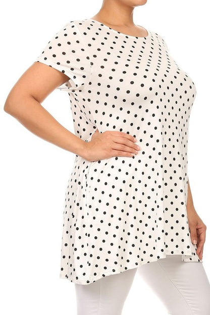Polka Dot Print Top - Plus Size, Relaxed Fit with Crew Neck and Pockets