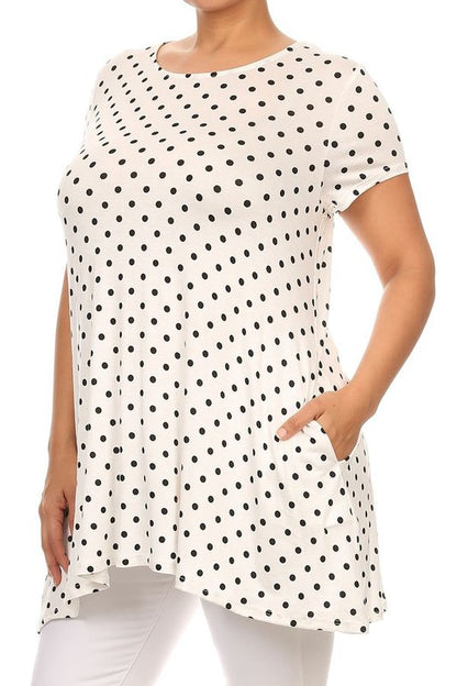 Polka Dot Print Top - Plus Size, Relaxed Fit with Crew Neck and Pockets