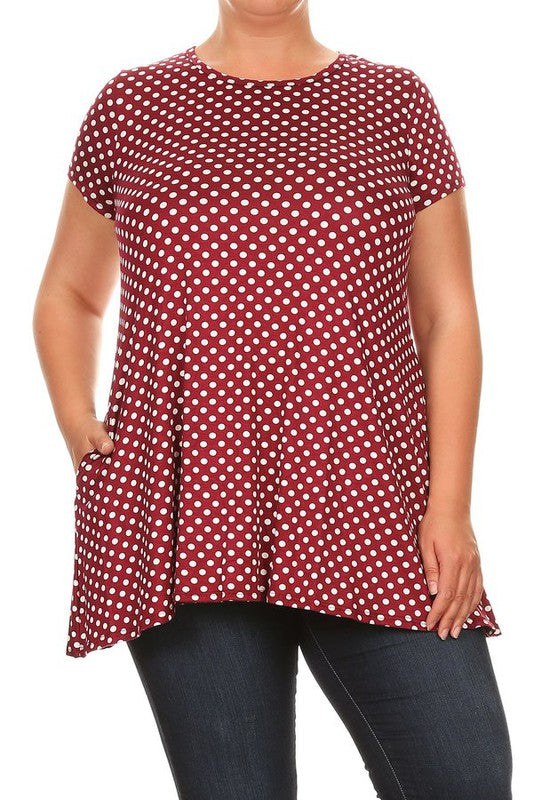 Polka Dot Print Top - Plus Size, Relaxed Fit with Crew Neck and Pockets