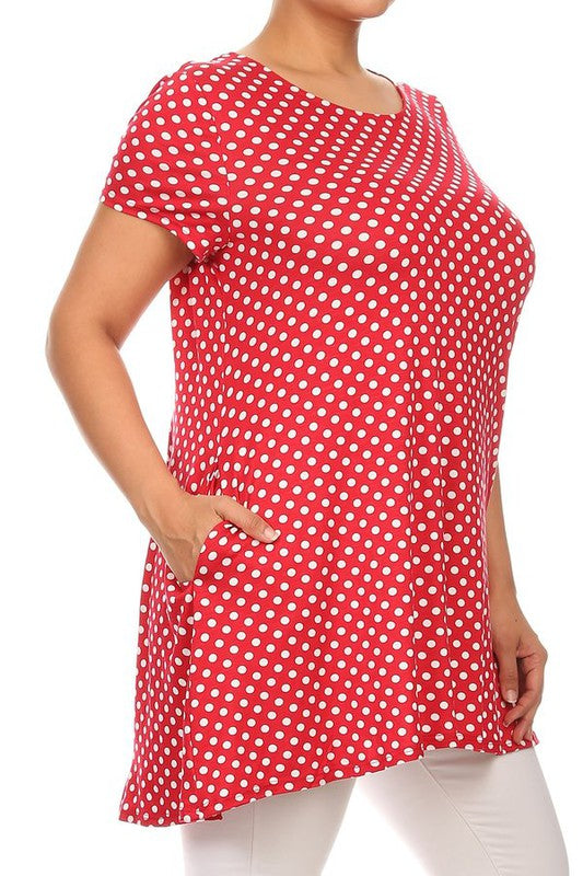 Polka Dot Print Top - Plus Size, Relaxed Fit with Crew Neck and Pockets