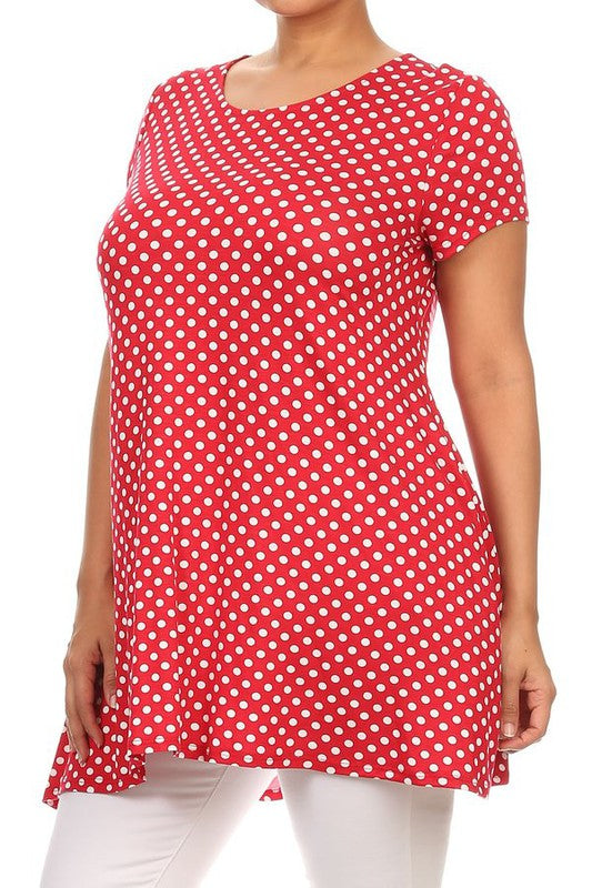 Polka Dot Print Top - Plus Size, Relaxed Fit with Crew Neck and Pockets