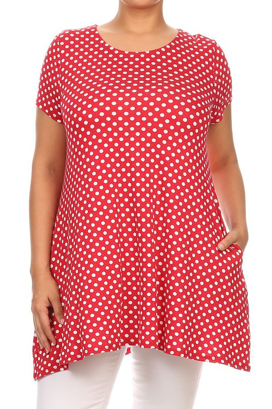 Polka Dot Print Top - Plus Size, Relaxed Fit with Crew Neck and Pockets