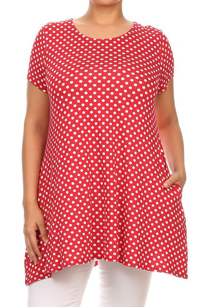 Polka Dot Print Top - Plus Size, Relaxed Fit with Crew Neck and Pockets