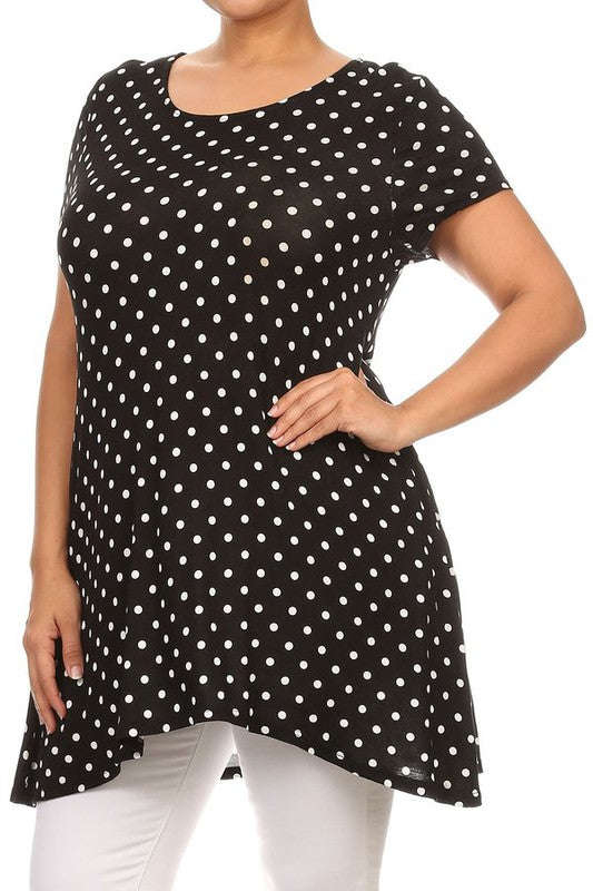 Polka Dot Print Top - Plus Size, Relaxed Fit with Crew Neck and Pockets
