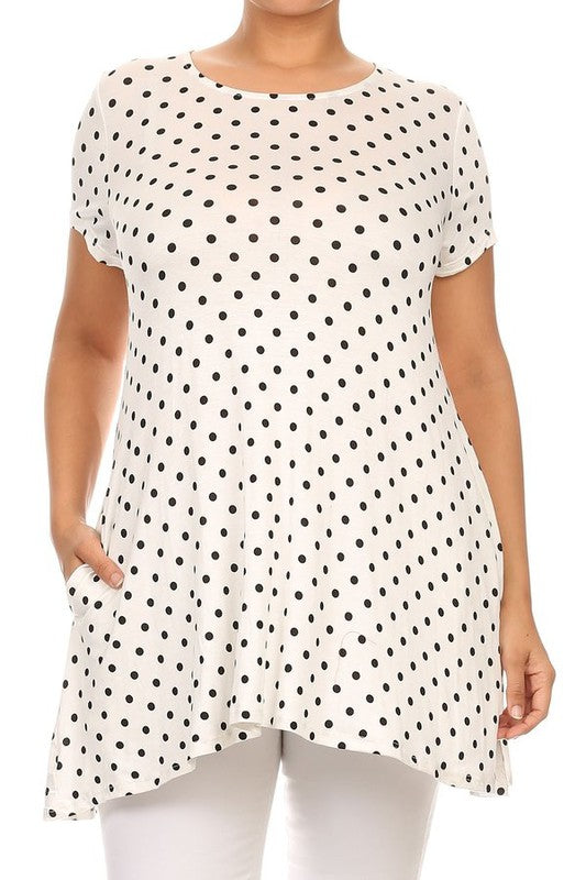 Polka Dot Print Top - Plus Size, Relaxed Fit with Crew Neck and Pockets