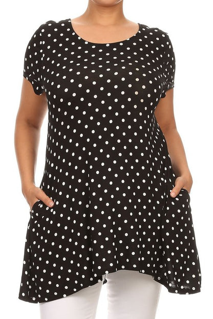 Polka Dot Print Top - Plus Size, Relaxed Fit with Crew Neck and Pockets