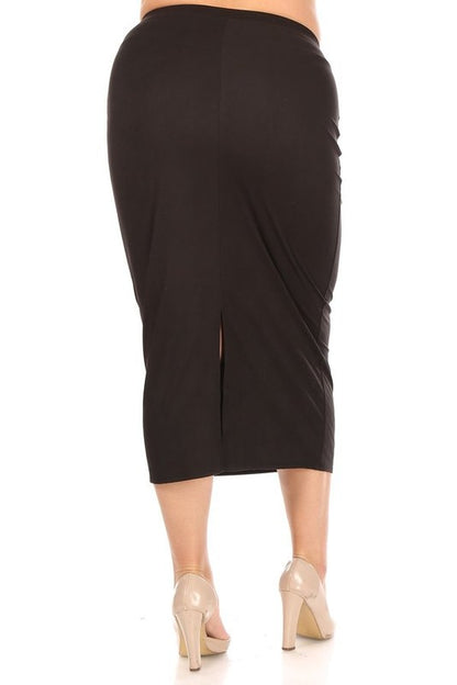 Solid Midi Skirt - Pencil Silhouette with High Waist and Back Slit