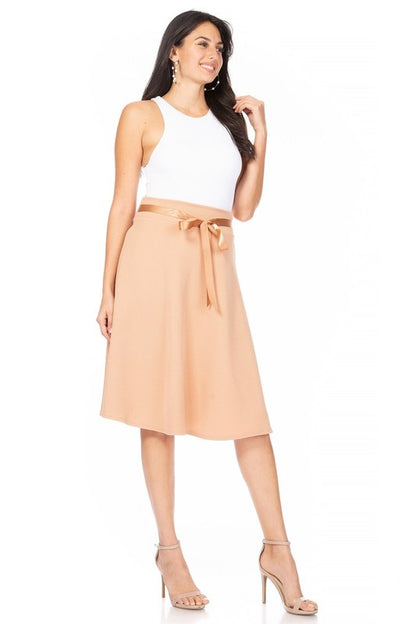 MOA Collection Solid A-line Knee Length Skirt - Waist Bow Tie Accent