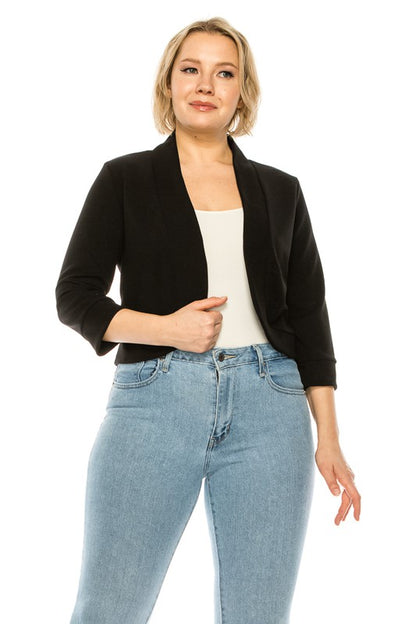 MOA Plus Size Solid Blazer Cardigan Waist Length Open Front 3/4 Sleeves