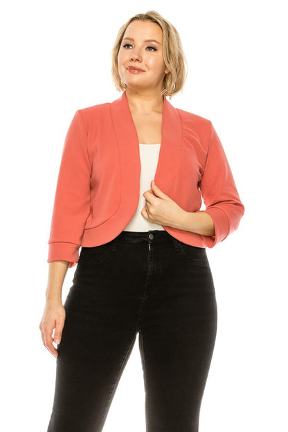 MOA Plus Size Solid Blazer Cardigan Waist Length Open Front 3/4 Sleeves