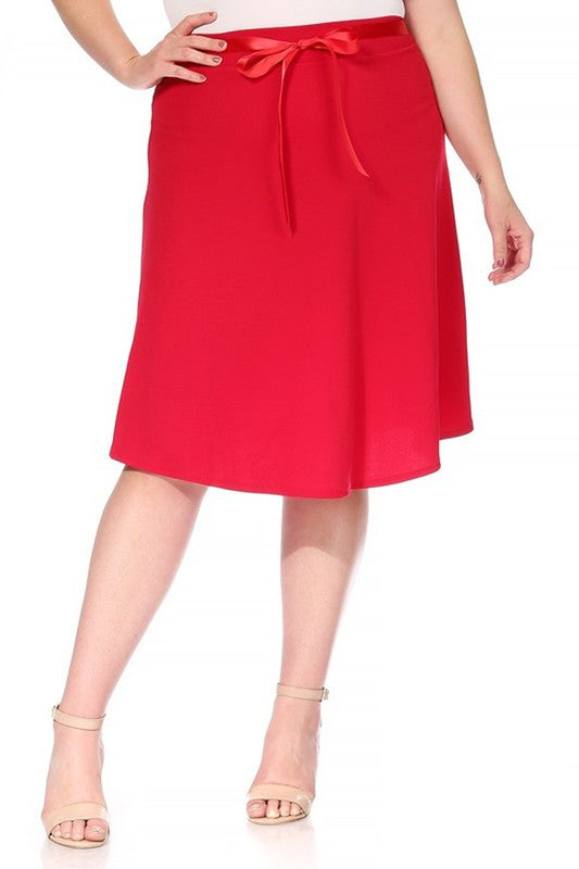 Plus Size Solid A-Line Knee Length Skirt with Waist Bow Tie Accent