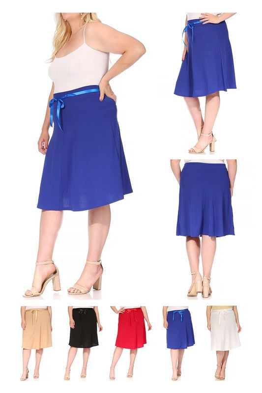 Plus Size Solid A-Line Knee Length Skirt with Waist Bow Tie Accent