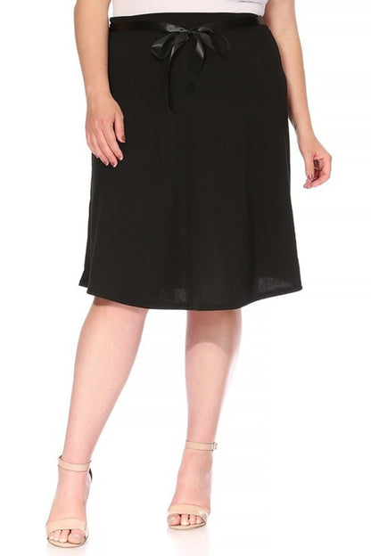 Plus Size Solid A-Line Knee Length Skirt with Waist Bow Tie Accent