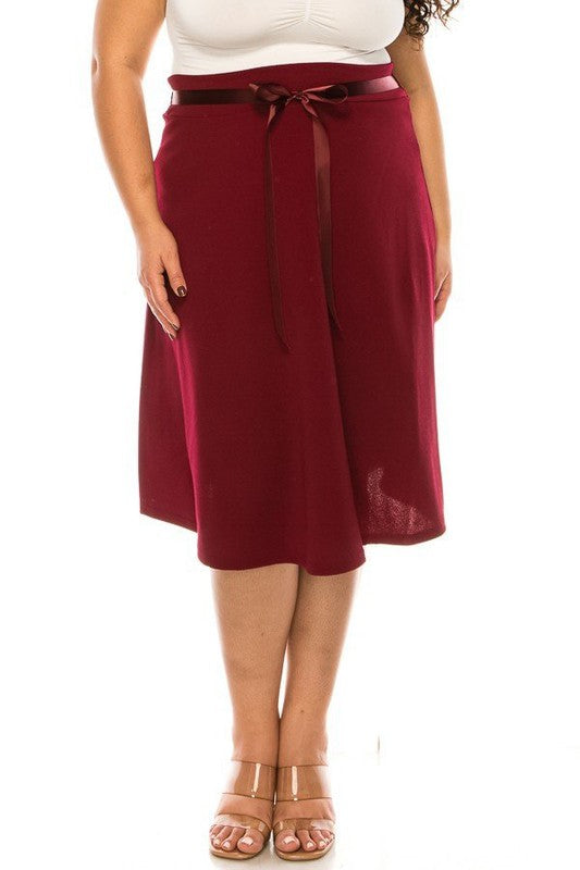 Plus Size Solid A-Line Knee Length Skirt with Waist Bow Tie Accent