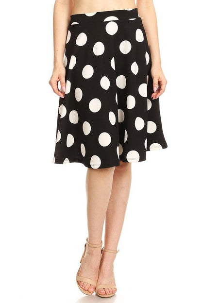 Polka Dot High Waisted Knee Length Skirt - A-Line Silhouette, Elastic Waistband