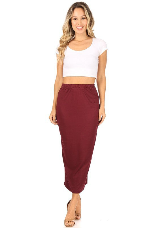 Solid Midi Pencil Skirt - High Waist, Back Slit, Pencil Silhouette