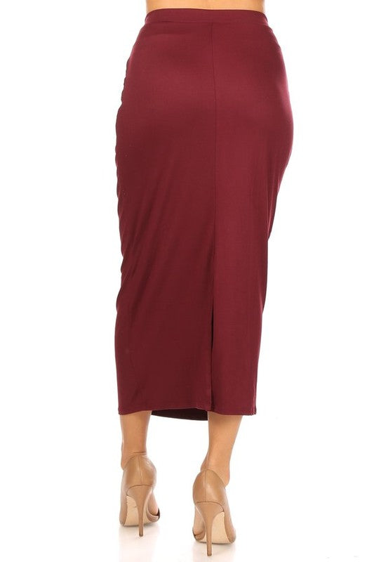 Solid Midi Pencil Skirt - High Waist, Back Slit, Pencil Silhouette