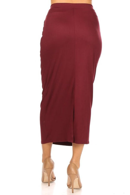 Solid Midi Pencil Skirt - High Waist, Back Slit, Pencil Silhouette