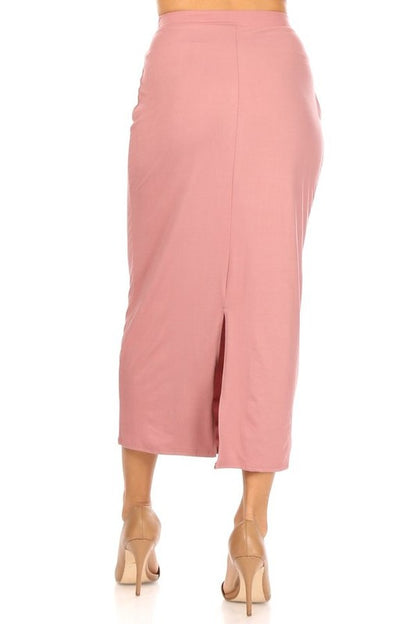 Solid Midi Pencil Skirt - High Waist, Back Slit, Pencil Silhouette