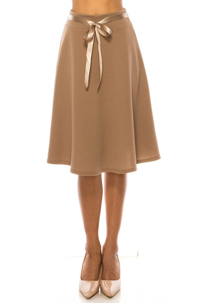 Solid A-line Skirt - Knee Length with Waist Bow Tie Accent