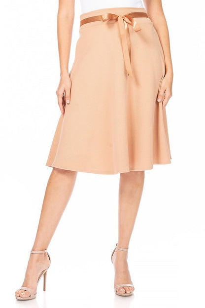Solid A-line Skirt - Knee Length with Waist Bow Tie Accent