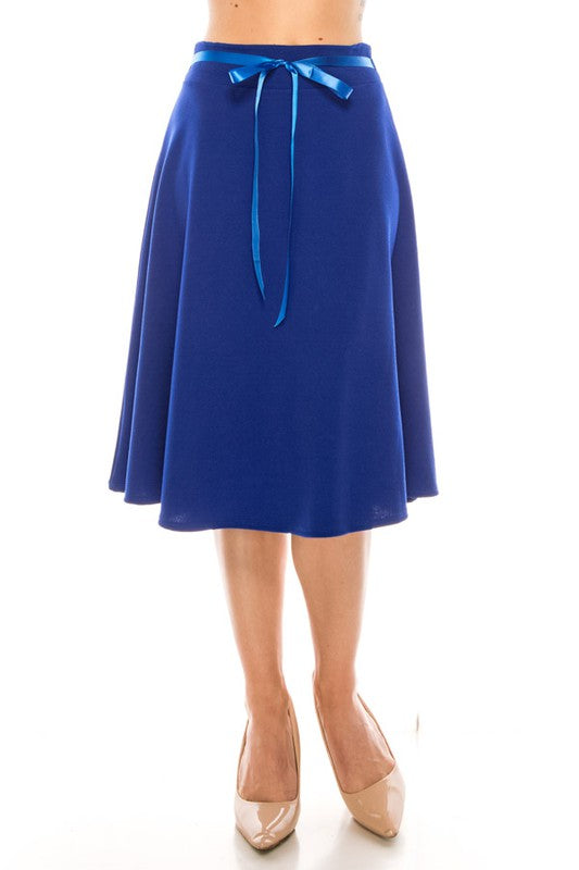Solid A-line Skirt - Knee Length with Waist Bow Tie Accent
