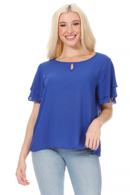 Short Flutter Sleeve Blouse - Elegant Style with Keyhole Neckline