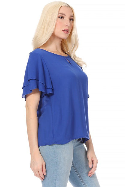 Short Flutter Sleeve Blouse - Elegant Style with Keyhole Neckline