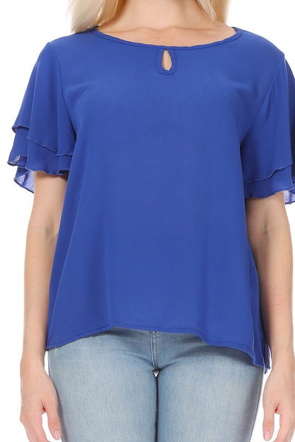 Short Flutter Sleeve Blouse - Elegant Style with Keyhole Neckline