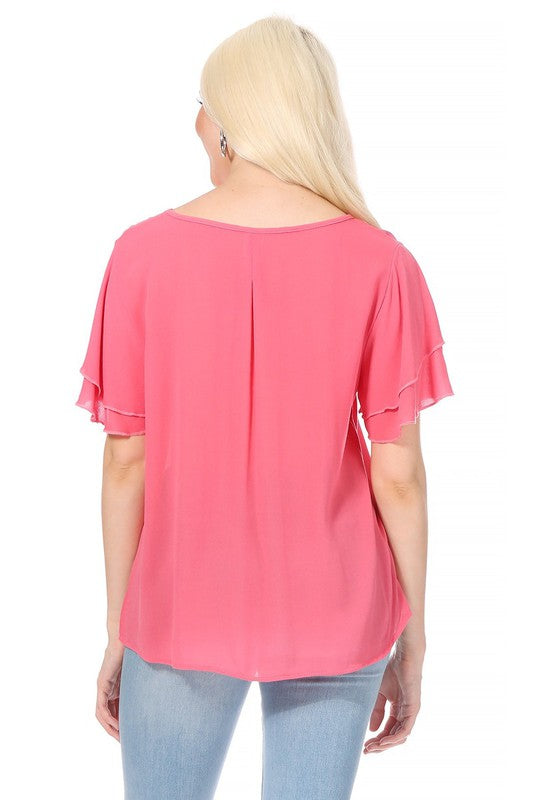 Short Flutter Sleeve Blouse - Elegant Style with Keyhole Neckline