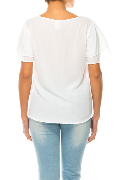 Short Flutter Sleeve Blouse - Elegant Style with Keyhole Neckline