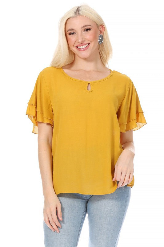 Short Flutter Sleeve Blouse - Elegant Style with Keyhole Neckline