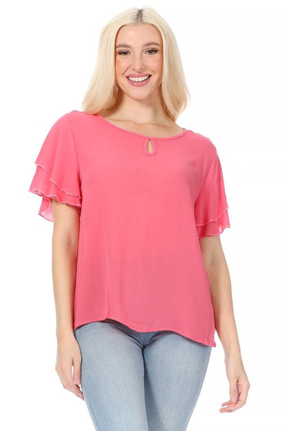 Short Flutter Sleeve Blouse - Elegant Style with Keyhole Neckline
