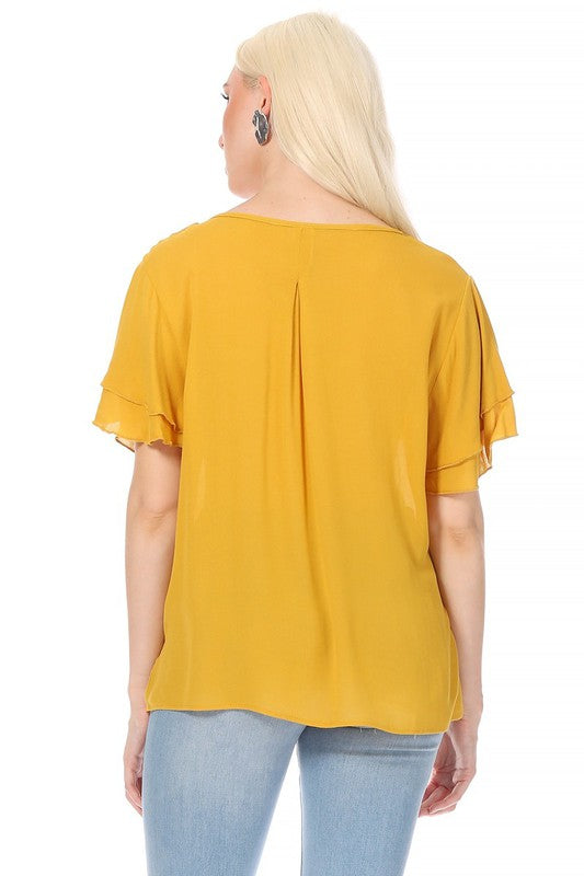 Short Flutter Sleeve Blouse - Elegant Style with Keyhole Neckline