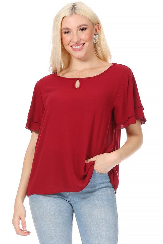 Short Flutter Sleeve Blouse - Elegant Style with Keyhole Neckline