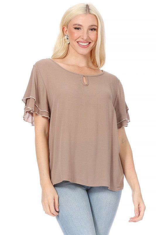 Short Flutter Sleeve Blouse - Elegant Style with Keyhole Neckline