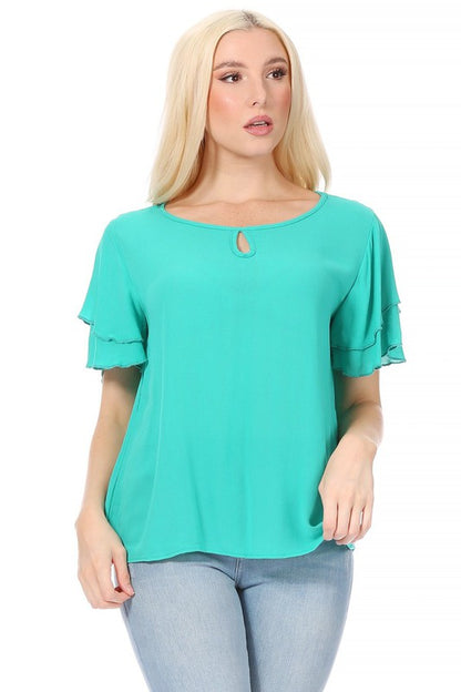 Short Flutter Sleeve Blouse - Elegant Style with Keyhole Neckline
