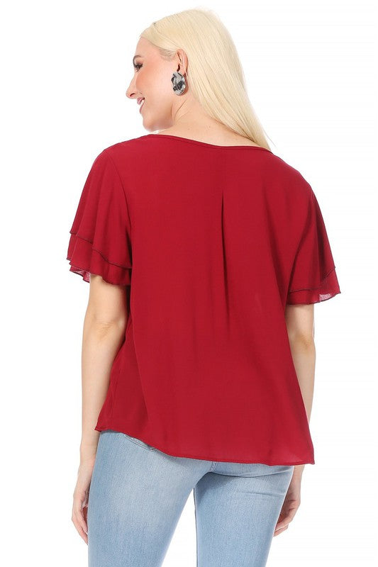 Short Flutter Sleeve Blouse - Elegant Style with Keyhole Neckline
