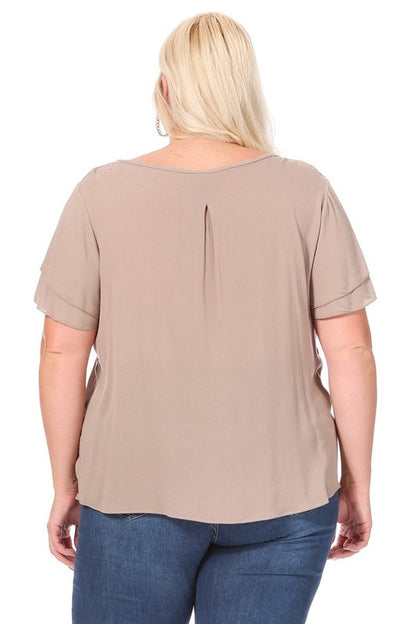 Plus Size Short Flutter Sleeve Keyhole Blouse