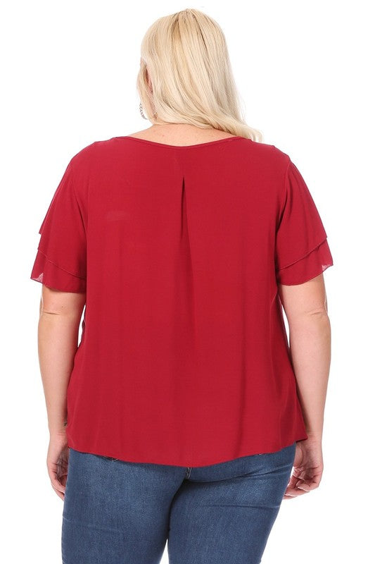 Plus Size Short Flutter Sleeve Keyhole Blouse